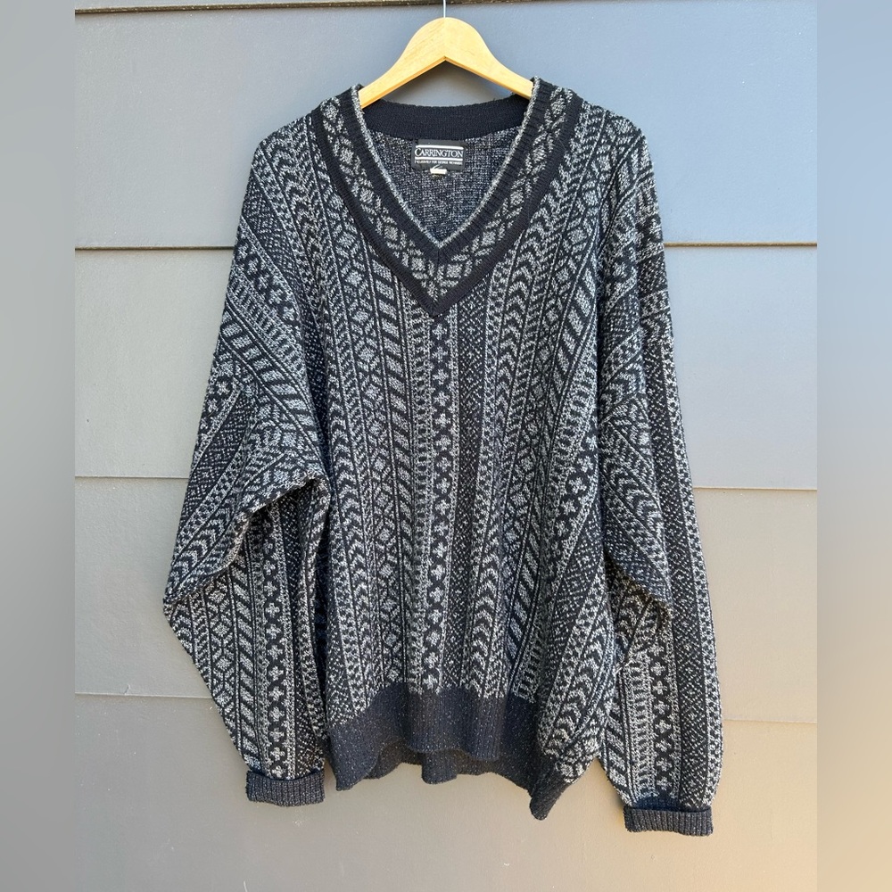 Vintage Black and Gray V Neck Wool Mix Sweater - 2XLT - made in Canada